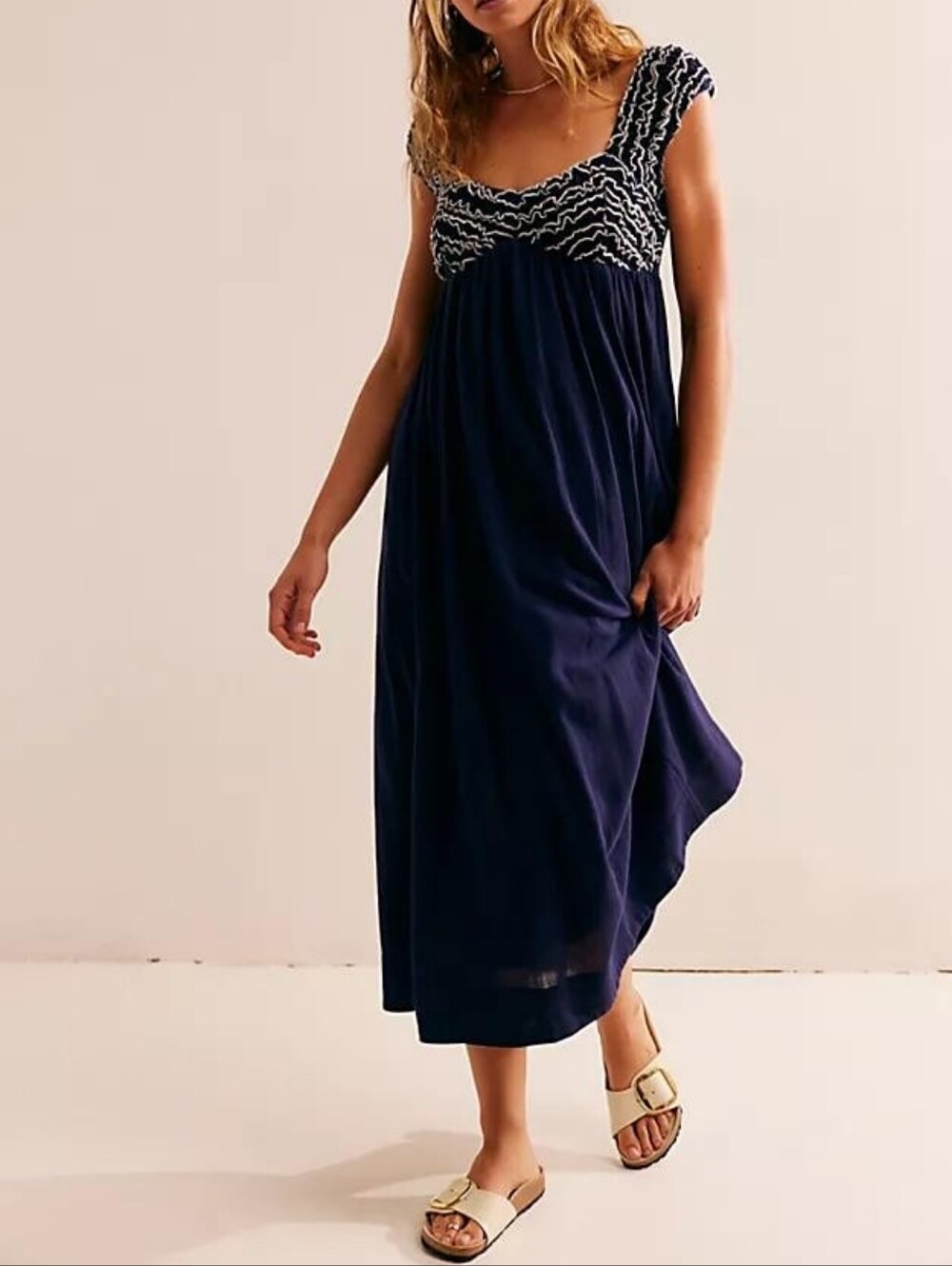 Free People Feel The Frill Midi Dress Medium Navy Blue Embroidered Smocked Boho